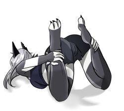 absurd_res anthro camel_toe canid canid_demon canine clothed clothing demon female grey_hair hair hellaverse hellhound helluva_boss hi_res hikariero holding_own_legs legwear loona_(helluva_boss) mammal mythological_canine mythological_creature mythology on_chest shadow simple_background solo thigh_highs turned_away white_background
