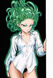 1girls 2d accurate_art_style accurate_body_type ai_generated alternate_costume breasts breasts_apart cel_shading covered_nipples cowboy_shot curly_hair eyelashes female female_focus female_only front_view green_eyes green_hair high_resolution highres light-skinned_female light_skin line_art lineart looking_at_viewer manga_style midriff murata_yuusuke_(style) no_bra official_style one-punch_man petite round_breasts shiny_hair simple_background slender_waist small_breasts solo solo_female solo_focus standing tatsumaki v-shaped_eyebrows white_background long_sleeves aura energy telekinesis psychic glowing glowing_body :o cleavage dress_shirt medium_hair arm_at_side forehead thighs no_pants black_background parted_lips collarbone floating_hair partially_unbuttoned black_underwear black_panties panties underwear collared_shirt pantsu shirt white_shirt