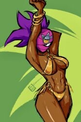 tara_(brawl_stars) tagme tagme_(artist) artist_request brawl_stars purple_hair tied_hair long_hair covered_face mask wraps dark_skin dark-skinned_female bikini gold_bikini breasts slim_waist wide_hips thick_thighs voluptuous fit fit_female abs navel armpits arms_up stretching