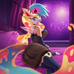 ai_generated anthro anthro_female bedroom bee hellhound helluva_boss lazybonesai lingerie lingerie_only looking_at_viewer looking_back looking_back_at_viewer multicolored_hair posing queen_bee-lzebub_(helluva_boss) thicc thicc_ass thicc_thighs vivienne_medrano vivziepop wanting_sex yellow_fur