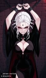 1girls ai_generated angry angry_face breasts chains cleavage clothed clothed_female clothing eye_contact female female_only looking_at_viewer mature_female prison prisoner rwby salem_(rwby) self_upload sleen solo solo_female