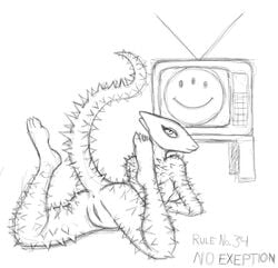 anthro black_and_white evolution female horridus looking_at_viewer monochrome nude pussy solo television