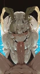 1boy ai_generated antennae ass big_breasts bikini bikini_top black_sclera blowjob blush fellatio huge_breasts indie_virtual_youtuber juniper_actias large_breasts large_penis mayyreel monster monster_girl moth moth_girl moth_humanoid pool thick_penis virtual_youtuber vtuber white_hair white_skin