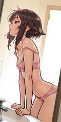 kono_subarashii_sekai_ni_shukufuku_wo! konosuba megumin brown_hair short_hair sidelocks red_eyes 1girls solo skinny small_breasts morning indoors bathroom leaning_on_object sink side_view profile sleepy half-closed_eyes parted_lips bra panties strap_slip sexy ai_generated molamaxuy