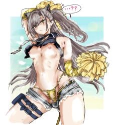 ... 1girls alternate_version_at_source alternate_version_available beep_homu blush breasts breasts_out brown_hair clothing feet_out_of_frame female female_only girls'_frontline girls'_frontline_2:_exilium gold_bikini leva_(girls'_frontline_2) long_hair navel nipples no_bra open_shorts panties pom_poms scar scar_on_face shirt shorts side_ponytail small_breasts speech_bubble steam steaming_body sweat sweatdrop ump45_(girls'_frontline) yellow_eyes
