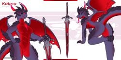 absurd_res anthro breasts dominant dominant_female dragon european_mythology evil_grin evil_look female gem glowing glowing_body glowing_eyes hi_res kalma_(cynderthedragoness39) madbeak melee_weapon model_sheet multiple_poses mythological_creature mythological_scalie mythology non-mammal_breasts nude plated_scales pose scales scalie smile solo spikes sword tail weapon western_dragon wings