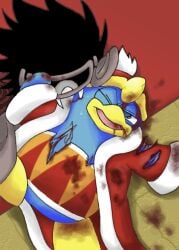 ambiguous_gender anthro avian beak bird bite blood blue_body blue_feathers bodily_fluids chasoba11 clothing dark_matter_(kirby) dark_matter_swordsman detailed_background fangs feathers gore hat headgear headwear japanese_description king_dedede kirby_(series) male male/ambiguous neck_bite nintendo one_eye_closed open_mouth penguin robe scar teeth torn_clothing vampirism wounded yellow_beak