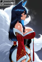 1girl ahri ahri_(league_of_legends) ai_generated animal_ear_fluff animal_ears animal_tail artist_name bare_shoulders black_hair breasts clothing detached_sleeves facial_mark female flying_sweatdrops fox_ears fox_girl fox_tail from_side gradient_background jennieart02 kitsune korean_clothes kyuubi large_breasts league_of_legends long_hair long_sleeves low-tied_long_hair low_neckline multiple_tails muscular patreon patreon_logo patreon_username red_sleeves riot_games shiny_skin solo sweat tail twitter twitter_username very_long_hair watermark whisker_markings yellow_eyes