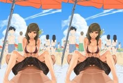 beach bikini bodily_fluids breasts brown_eyes brown_hair bulge cleavage clothing cross-eyed_stereogram cum dark_skin female flower food front-tie_top genital_fluids girl_on_top hair_ornament handjob happy happy_sex high_resolution highres huge_breasts lips long_hair male mama_(mama_hiro) on_top outdoors penis pov public public_indecency semen sex shaved_ice smile sneaky spread_legs stealth_handjob stereogram swimsuit tan tanline tanlines tanned tekoki two-handed_handjob undersized_clothes verified_stereogram