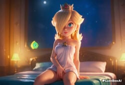 hair_over_one_eye blonde_hair crown blue_eyes long_hair jewelry earrings sitting solo on_bed indoors lips smile bed artist_name bare_shoulders looking_at_viewer night breasts towel one_eye_covered pussy pillow collarbone bed_sheet covering_privates naked_towel blush moon lamp star_(symbol) medium_breasts hand_between_legs blurry mini_crown star_earrings masturbation between_legs closed_mouth bedroom rosalina luma_(mario) lustboxai hi_res ai_generated princess_rosalina mario_(series) super_mario_bros. super_mario_galaxy 1girls female_human