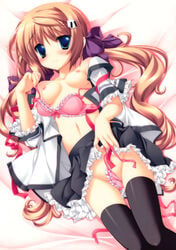 artist_request blue_eyes blush bra breasts brown_hair cleavage hair_ornament hairclip high_resolution koiiro_soramoyou lingerie long_hair lucie lying nipples open_clothes open_shirt panties ribbon school_uniform shinohara_sera shirt side-tie_panties skirt skirt_lift source_request thighhighs underwear undressing upskirt zettai_ryouiki