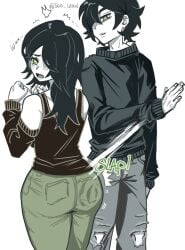 1boy 1boy1girl 1girls andrew_graves ass ass_focus back_pockets back_view bare_shoulders big_ass big_butt black_hair blush blush_lines blushing curvaceous curvy curvy_female curvy_figure dialogue english_text fang fat_ass female female_focus freckles green_eyes green_legwear green_pants hetero hi_res high_resolution highres jeans julia_(the_coffin_of_andy_and_leyley) long_hair male male/female pockets rear_view sea-lean simple_background slapping_ass slapping_butt spanked spanked_ass spanked_butt spanking spanking_ass straight sweater tagme tank_top text the_coffin_of_andy_and_leyley thick_thighs thighs voluptuous voluptuous_female yellow_eyes