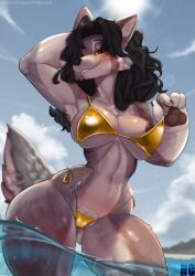 absurd_res anthro beach bikini bikini_pull canid canine canis clothing clothing_pull female gold_bikini golden_week hi_res mammal mexican_wolf nipples skye_primis skylosminkan solo swimwear swimwear_pull two-piece_swimsuit water wet wet_body wolf