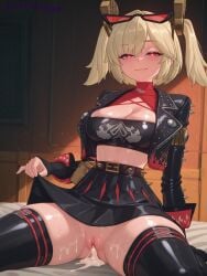 ai_generated xzollosez patreon patreon_username 1girls blush zenless_zone_zero burnice_white blonde_hair twintails large_breasts leather_jacket jacket thighhighs topwear skirt