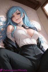 miwa_kasumi original goddess_of_victory:_nikke jujutsu_kaisen 1girl breasts blue_hair solo necktie shirt blue_eyes pants white_shirt long_hair looking_at_viewer smile black_pants patreon_username lying jacket on_back black_jacket pillow off_shoulder black_necktie bare_shoulders collared_shirt open_clothes suit on_bed formal artist_name medium_breasts parted_lips web_address spread_legs indoors blue_necktie cleavage dress_shirt partially_unbuttoned open_jacket patreon_logo black_suit grin lips detached_collar long_sleeves office_lady large_breasts open_shirt bed watermark biting_own_lip teeth necktie_between_breasts shirt_tucked_in window breasts_apart mionety ai_generated