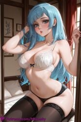1girl adjusting_hair ai_generated artist_name bare_arms bare_shoulders bed black_panties black_thighhighs blue_eyes blue_hair blush bow bow_bra bra breasts cleavage collarbone curtains hand_in_own_hair hands_in_hair indoors jujutsu_kaisen kasumi_miwa lace-trimmed_bra lace-trimmed_panties lace_trim large_breasts lingerie lips long_hair looking_at_viewer medium_breasts mionety miwa_kasumi navel no_shoes on_bed open_mouth panties parted_lips patreon_logo patreon_username pillow seiza sitting skindentation solo stomach thick_eyebrows thighhighs thighs underwear underwear_only watermark web_address white_bra white_panties window