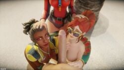 shore_patrol_lian sunkissed_cassie cassie_(paladins) kinessa_(paladins) lian_(paladins) paladins myh3d 3d 3d_render erection erect_penis penis before_blowjob 3girls 1boy 3girls1boy horny_female beach lifeguard swimsuit swimwear kneeling crouching breasts nipples thick_thighs thighs