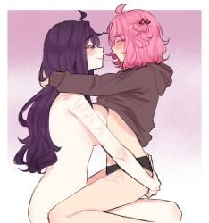 2girls absurd_res absurd_resolution absurdres big_breasts black_hoodie black_panties blush bottomless breast_press breasts commentary ddlc doki_doki_literature_club embrace english_commentary female female/female female_only hi_res high_quality high_resolution highres hood hoodie lesbian_couple long_hair multiple_girls natsuki_(doki_doki_literature_club) no_pants nude nude_female panties pink-haired_female pink_eyes pink_hair pockiseisont purple-haired_female purple_eyes purple_hair scar scar_on_arm scar_on_leg serenity_forge short-haired_female short_hair sitting sitting_on_lap sitting_on_person team_salvato twitter_link underwear x_link yuri yuri_(doki_doki_literature_club)