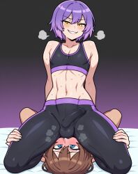 ai_generated 2boys gay yaoi femboy trap crossdressing girly femboydom maledom purple_hair yellow_eyes smug smile looking_at_viewer bare_shoulders midriff navel linea_alba fit fit_male sitting sports_bra yoga_pants penis balls penis_under_clothes balls_under_clothes sweat sweating sweaty facesitting domination brown_hair blue_eyes nude nude_male balls_sniffing balls_on_face embarrassed blush blushing thigh_grab front_view plain_background