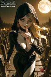 1girl 2025 2026 absurd_res absurdres ai ai-created ai_art ai_assisted ai_generated alphai bela_(resident_evil) bela_dimitrescu black_dress black_lips black_nails blonde_hair blood_splatter blushing cemetery choker cinematic_lighting cleavage colorful_background depth_of_field detailed_background detailed_hair detailed_skin dramatic_shadows dress finger_to_mouth floating_hair forehead_tattoo from_above high_quality high_resolution highres hood hood_up index_finger_raised jewelry long_fingernails long_hair long_sleeves looking_at_viewer medium_breasts moon naughty_face necklace outdoors pale_skin particles patreon patreon_link patreon_url patreon_username perspective raised_eyebrows resident_evil resident_evil_8:_village ripped_dress runny_makeup semirealistic shiny_skin shushing side_slit side_view skindentation smug volumetric_lighting yellow_eyes