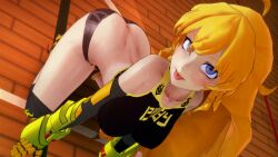 1girls 3d all_fours alternate_hairstyle ass bent_over big_breasts blonde_hair busty butt_crack covered_nipples fat_ass female female_only hi_res legs long_hair looking_at_viewer midriff naughty_face ponytail purple_eyes rwby shorts smile solo sports_bra sportswear sweat thighs tongue_out voluptuous yang_xiao_long