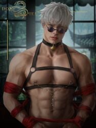abdominals abs bondage dominated don_alpiel gojou_satoru jjk jujutsu_kaisen jujutsu_kaisen_0 male male_focus male_only muscular_male nipples piercing_nipples red_tie satoru_gojo