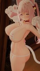 vrchat 3d cornelia_vr tagme 1girls solo looking_at_viewer indoors cat_ears bikini pink_hair heterochromia yellow_eye pink_eye paws pawpads smile smiling_at_viewer curvy big_breasts thighs tail white_tail pink bell :) cute cute_face