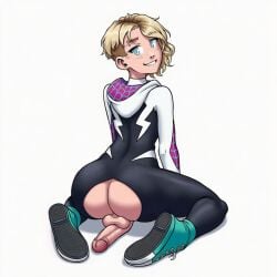 1boy ai_generated ass ass_cutout asymmetrical_hair blonde_hair blue_eyes diamond_7_(ai_generator) erection eyebrow_piercing femboy footwear from_behind full_body genderswap genderswap_(ftm) gwen_stacy gwen_stacy_(spider-verse) looking_at_viewer looking_back male_only marvel penis perineum rule_63 shoe_soles short_hair simple_background sitting smile sneakers solo solo_male spider-man_(series) superhero_costume teeth testicles tucked_penis wariza white_background