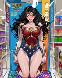 1girl ai_generated bare_shoulders black_hair blurry blush boots breasts cleavage collarbone cover dc dc_comics defeated defeated_heroine female female_only kneeling large_breasts leotard long_hair looking_at_viewer red_footwear red_leotard solo star_print superhero sweat thighs villain_party69 wonder_woman wonder_woman_(series)