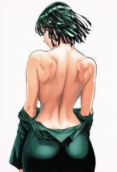 1girls 2d accurate_art_style accurate_body_type ai_generated arms_at_sides ass back back_focus back_view backboob bare_back bare_shoulders big_breasts breasts busty cel_shading closed_mouth clothing cowboy_shot dress dress_down dress_pull female_focus female_only from_behind fubuki_(one-punch_man) green_dress green_eyes green_hair high_resolution highres large_breasts light-skinned_female light_skin line_art long_sleeves looking_at_viewer looking_back manga_style median_furrow murata_yuusuke_(style) narrow_waist no_bra off_shoulder official_style one-punch_man partially_clothed shiny_hair shiny_skin short_hair shoulder_blades simple_background solo solo_female solo_focus standing taut_clothes taut_dress tight_clothing tight_dress toned toned_back topless topless_female undressing viewed_from_behind white_background