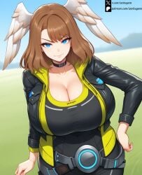 1girls ai_generated blue_eyes brown_hair cleavage eunie_(xenoblade) female female_focus female_only hand_on_hip huge_breasts solo solo_female solo_focus wings_on_head xenoblade_(series) xenoblade_chronicles_3 zenbugens
