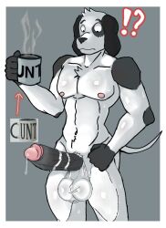 angry anthro athletic athletic_anthro athletic_male balls beverage big_balls big_butt big_chest big_penis bird_dog black_and_white black_body black_ears black_fur black_paws black_penis bodily_fluids breasts bulge butt canid canine canis coffee coffee_mug container cup domestic_dog english_pointer english_text erection fur genital_fluids genitals glans grey_background grey_balls hand_on_butt hands_on_hips hi_res holding_container holding_cup holding_object hunting_dog interrobang leaking_penis leaking_precum male mammal markings monochrome monochrome_body morning_routine muscular nipples nude penis precum shocked shrederr_8 simple_background sketchy_(character) solo spots spotted_body spotted_fur standing striped_genitalia striped_penis stripes sweat sweaty_balls sweaty_body sweaty_breasts sweaty_genitalia sweaty_legs tail text vein white_body white_fur