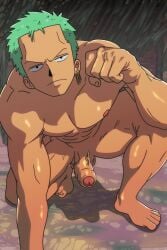 seasongentle one_piece nude nude_male naked naked_male completely_nude completely_naked public_nudity normal_penis pre-timeskip half-erect foreskin foreskin_overhang unretracted_foreskin uncut uncircumcised barefoot looking_at_viewer frown frowning roronoa_zoro zoro zoro_(one_piece) bara barazoku bara_tits bara_tiddies 1boy male male_only male_focus manly masculine_male gay yaoi solo solo_focus solo_male muscular muscular_male muscles hairless hunk beefy tough_guy bigger_male larger_male broad_shoulders green_hair japanese_male pirate penis big_penis big_dick_energy penis_down tan tan_body tanned tanned_male