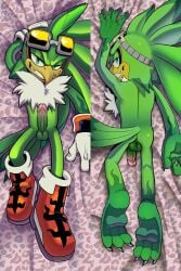 accipitrid accipitriform anthro avian backsack balls beak bed_sheet bedding bird boots butt claws clothing dakimakura erection eye_markings eyewear eyewear_on_head eyewear_only feathers feet finger_claws fluffy fluffy_chest footwear genitals glans gloves gloves_(marking) goggles goggles_on_head goggles_only grabbing_sheets green_balls green_body handwear handwear_and_footwear_only hazmatrosen head_feathers hi_res jet_the_hawk lying male markings nude on_front penis perineum pink_glans presenting presenting_hindquarters rear_view red_boots red_clothing red_footwear sega shoes solo sonic_riders sonic_the_hedgehog_(series) tail tail_feathers talons toe_claws toes white_clothing white_gloves white_handwear yellow_beak