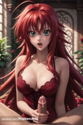 breasts penis hetero 1boy cum cum_on_body patreon_username cum_on_breasts red_hair looking_at_viewer handjob ahoge long_hair lingerie open_mouth green_eyes underwear cleavage pov large_breasts uncensored bra blush lips collarbone hair_between_eyes solo_focus flower artist_name red_dress rose male_pubic_hair erection indoors web_address very_long_hair facial bare_shoulders nose red_bra dress upper_teeth_only upper_body pubic_hair red_flower teeth cum_on_penis red_lips plant watermark red_rose bare_arms rias_gremory progenarts hi_res ai_generated high_school_dxd 1girls female 1boy1girl