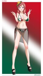1girls absurd_res artist_name big_breasts bikini black_heels blue_eyes border breasts cinco_de_mayo dia_de_la_independencia_de_mexico dorsalec female female_only flag_bikini full_body gradient_background green_background hi_res high_heels looking_at_viewer love_live! love_live!_school_idol_project medium_hair mexican_flag mexican_flag_bikini mini_hat nishikino_maki open_mouth painted_toenails peace_sign platform_heels purple_eyes red_background red_hair see-through short_hair smile solo sombrero teeth tongue upper_teeth white_background