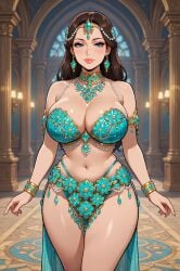 1girls ai_assisted ai_generated archway arm_accessory armlet arms_down back_skirt belly_button black_outline blue_clothing bracers brunette_hair bursting_breasts cleavage dancer dancer_girl dancer_outfit earrings elegant exotic_dancer eyelashes female forehead_gem forehead_jewel forehead_jewelry gem gem_on_forehead grok hair_ornament half-skirt hall hallway harem_jewelry hourglass_figure lamp large_breasts light-skinned_female lipstick long_hair looking_at_viewer loose_hair luxury midriff narrow_waist neck_accessory open_skirt pearl_(gem) pearls pendant_earring pillar rgomez007 royalty self_upload shiny_hair smiling_at_viewer solo_female stable_diffusion teal_clothing thick_eyelashes thick_lips thick_outline thick_thighs voluptuous wide_hips wrist_cuffs