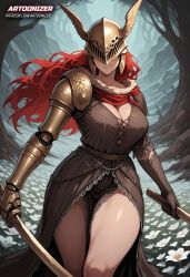 1girls ai_generated armor armwear artoonizer big_ass big_breasts covered_eyes dress elden_ring female fromsoftware gloves helmet large_breasts light-skinned_female light_skin long_hair malenia_blade_of_miquella patreon patreon_username posing prosthesis prosthetic_arm red_hair single_mechanical_arm solo solo_female solo_focus standing sword thick_thighs weapon wide_hips legs_together smile outdoors