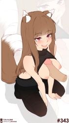 1boy 1girl absurdres animal_ear_fluff animal_ears black_pants black_shirt blunt_bangs blush breasts brown_hair clothes_lift commentary disembodied_penis english_commentary fang highres holo likunea long_hair medium_breasts nipples open_mouth paizuri pants patreon_logo patreon_username penis red_eyes shirt shirt_lift sidelocks simple_background sitting smile spice_and_wolf sweater tail turtleneck turtleneck_sweater twitter_username twitter_x_logo uncensored wolf_ears wolf_girl wolf_tail zoom_layer