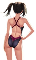 ass back_to_viewer backless_outfit black_hair competition_swimsuit female_only fully_clothed hand_on_hip kuri_(kurigohan) ling_xiaoyu namco one-piece_swimsuit swimsuit tekken tekken_3 tekken_4 tekken_5_dark_resurrection tied_hair twintails