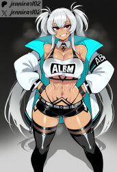 1girl abs ai_generated alabama_(azur_lane) azur_lane bandeau bare_shoulders belt bikini bikini_under_clothes black_bikini black_gloves black_shorts black_thighhighs body_markings bodypaint breasts cleavage clothes_writing clothing coat collarbone crop_top dark-skinned_female dark_skin detached_collar female fingerless_gloves gloves grey_hair grin hair_between_eyes hands_on_own_hips highleg highleg_bikini jacket jennieart02 large_breasts legwear long_hair long_sleeves looking_at_viewer midriff muscular navel open_clothes open_coat open_jacket patreon patreon_logo patreon_username red_eyes short_shorts shorts sidelocks simple_background smile solo standing steam steaming_body stomach_tattoo strapless sweat swimsuit tattoo teeth thick_thighs thighhighs thighs tube_top twintails twitter twitter_username very_long_hair watermark white_coat white_hair white_jacket white_tube_top