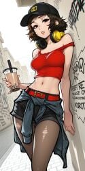 persona persona_5 sadayo_kawakami brown_hair short_hair messy_hair hazel_eyes skinny perfect_body medium_breasts 1girls solo female parted_lips outdoors city alley wall graffiti graffiti_on_wall standing leaning_on_wall relaxed holding_object cup bubble_tea casual baseball_cap headphones headphones_around_neck collarbone tank_top crop_top midriff navel strap_slip belt shorts denim jacket_around_waist pantyhose ripped_clothing ripped_pantyhose ai_generated molamaxuy