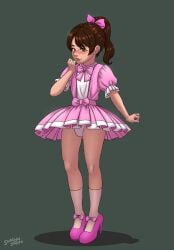 2025 original lila_lovestar_(sinfulwalpurrgis) 1enby nonbinary sissy dress visible_underwear panties pose character_reference brown_hair light_skin high_heels pink_dress blush blushing commission digital_media_(artwork) absurd_res shadow2007x