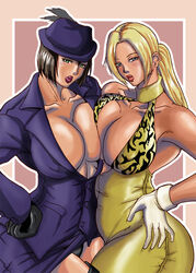 2girls alternate_costume anna_williams big_breasts black_gloves blonde_hair blue_eyes bodysuit breast_press breasts brown_hair cleavage clothed feathers female gloves green_eyes hands_on_hips hat human long_sleeves namco nina_williams sisters sleeveless tekken tekken_1 tekken_2 tekken_3 tekken_4 tekken_5 tekken_5_dark_resurrection tekken_blood_vengeance tekken_tag_tournament tekken_tag_tournament_2 thick_thighs white_gloves