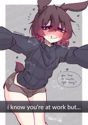 1boy 1femboy blush blushing cute cute_expression cute_eyes cute_face cute_male femboy heart heart_symbol legs male purple_eyes rabbit rabbit_ears rabbit_tail sweater thighs trembling