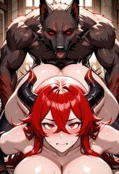 1boy 1girls anthro_female anthro_on_human brown_fur canid curved_horns dog_girl female hellhound horns human_male human_on_anthro malefemale red_eyes red_hair straight_sex meta ai_generated self_upload stable_diffusion