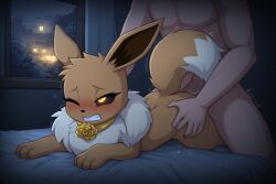 ai_generated bedroom black_sclera blushing brown_body choker clenched_teeth eevee female female_penetrated from_behind furry glowing_eyes hands_on_ass human laying_on_stomach male male/female male_penetrating male_penetrating_female night on_bed one_eye_closed orange_eyes penetration penetration_from_behind pleasure_face pokemon pokemon_(species) quadruped rolling_eyes sex sex_from_behind thrusting