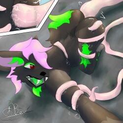 anal anthro bdsm bodily_fluids canid canine close-up close_up_panel constrained cum eginix_bexem genital_fluids hair hi_res male male/male mammal open_mouth outside pink_hair red_eyes sex slime sloppy solo squeezing tentacle_creature tentacle_sex tentacles