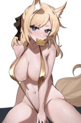 2d animal_ear_fluff animal_ears arknights big_breasts bikini bikini_only blonde_female blonde_hair breasts card_in_mouth deathmatch500 female female_only gold_bikini long_hair looking_at_viewer string_bikini v_bikini whislash_(arknights)