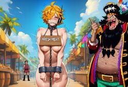 1boy 1girls after_rape ai ai_assisted ai_generated black-haired_male blonde-haired_female breasts curvy_female curvy_figure duo female fit fit_female male marshall_d_teach metal_collar metal_cuffs one_piece orange_hair overweight overweight_male pink_eyes prussia123 rape_meat rape_slave restrained rope sexy sexy_body sexy_clothing sexy_female short_hair sign slave_collar slave_girl slave_market slaver slavery sold_to_slavery text tomboy vegapunk_lilith